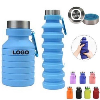 18 Oz Foldable Silicone Water Bottle W/ Carabiner Clip