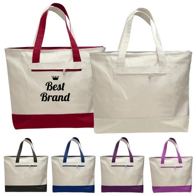 Two Tone Cotton Canvas Zippered Closure Shopping Tote Bag