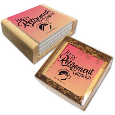 Light Wood Stand Gift Set w/ 4 Square Coasters