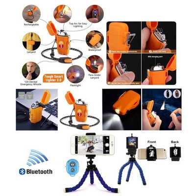 Promotek USB Rechargeable Flameless Lighter + Selfie Tripod + Bluetooth Remote (Blue)