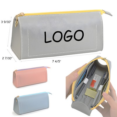8" Large-Capacity PU Leather Pencil Makeup Pouch w/Zipper Closure
