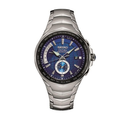 Seiko Watch Mens Radio Sync Solar Dual Time Silver/Black Case Blue Dial