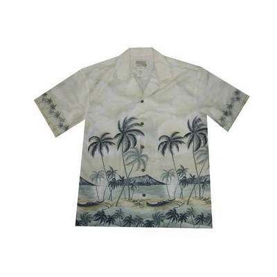 Gray Hawaiian Border Print Cotton Poplin Shirt w/ Button Front