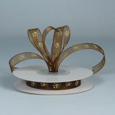 Thin Chocolate Sheer Ribbon w/Toffee Paw Print