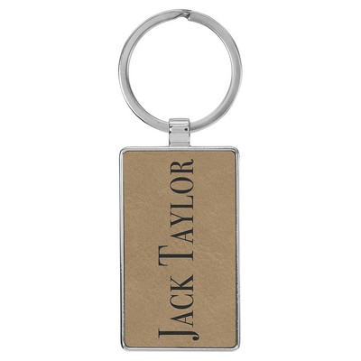 Leatherette/Metal Light Brown Rectangle Keychain