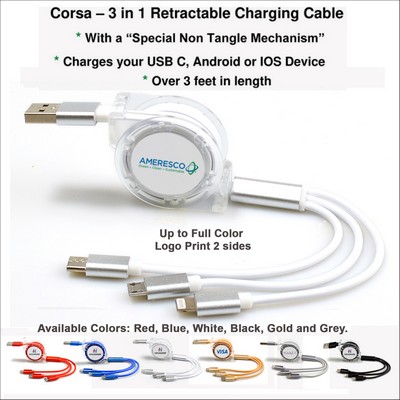 Corsa 3 in 1 Retractable Charging Cable - Whiite