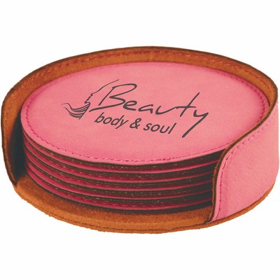 4" Round Pink Leatherette Coaster Set