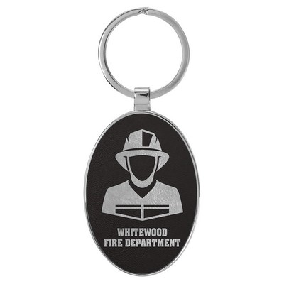 3" x 1 3/4" Leatherette/Metal Black/Silver Oval Keychain