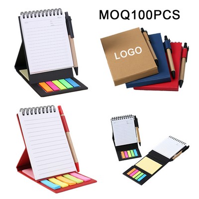 Pocket Sized Kraft Spiral Notebook Kit/Notepad Set w/Sticky Note & Ballpoint Pen (MOQ 100PCS)