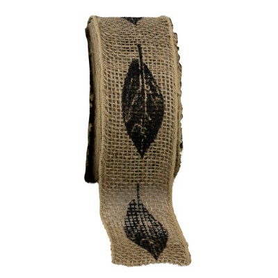 Wired Burlap Jute Ribbon w/Leaf Print