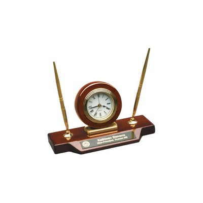 9" x 4.75" Piano Finish Desk Clock on Base with 2 Pens