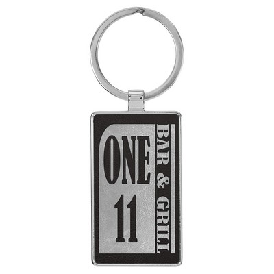 2 3/4" x 1 1/4" Leatherette/Metal Black/Silver Rectangle Keychain