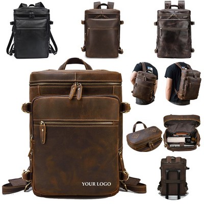 Large Capacity Men's Crazy Horse Leather 15.6 Inch Backpack