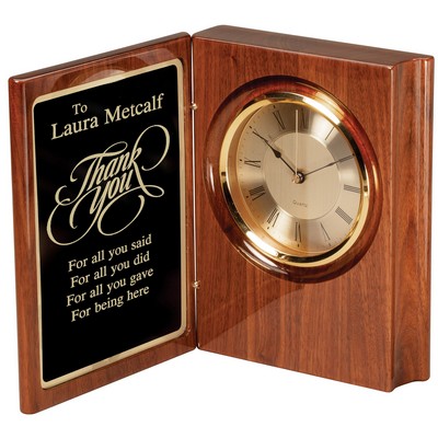 Walnut Piano Finish Book Clock with Black Brass Plate, 7"x9"