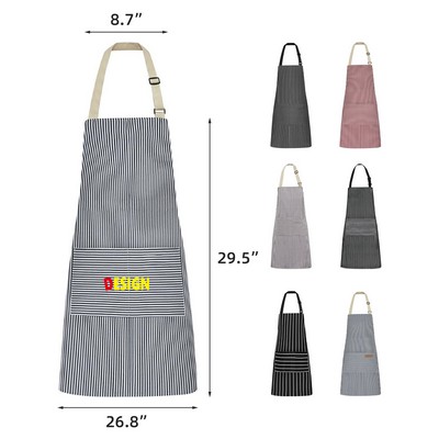 Kitchen Cooking Aprons Poly Cotton Blend Adjustable Soft Bib Stripe Aprons with 2 Pockets