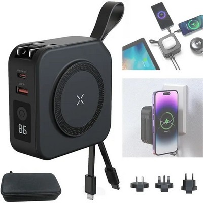 AC Plug Power Bank with Built-In Cable & Wireless Charging