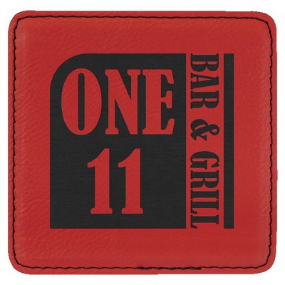 Square Coaster, Red Faux Leather, Engraved, 4x4"