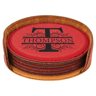 Round Coaster Set, Red Faux Leather, 4" Dia