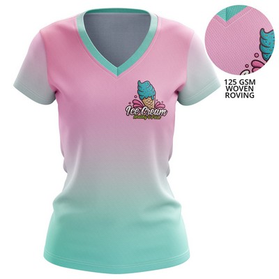 Women 125 GSM Woven Roving Performance Sublimation V-Neck Short Sleeve T-Shirt
