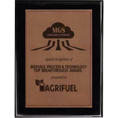 Ebony Piano Finish Plaque with Dark Brown Faux Leather Plate, 7 x 9"