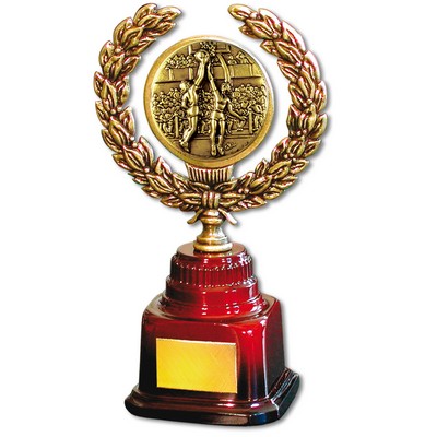 Stock 7" Trophy with 2" Basketball Female Coin and Engraving Plate