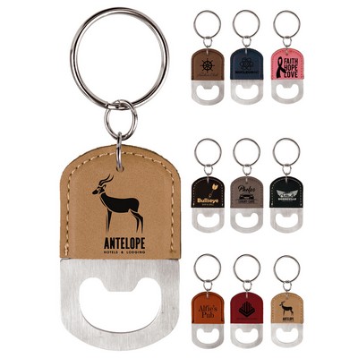 Branded Oval Leatherette Bottle Opener Keychain Laser Engraved