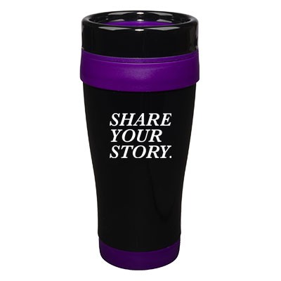14 Oz. Formula Seven Stainless Steel Travel Mug with Black Lid And Purple Accents