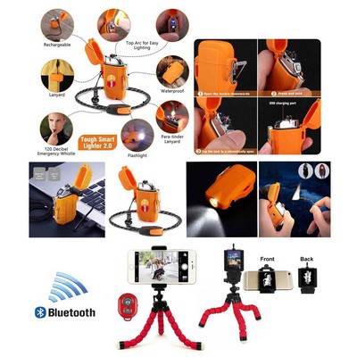 Promotek USB Rechargeable Flameless Lighter + Selfie Tripod + Bluetooth Remote (Red)