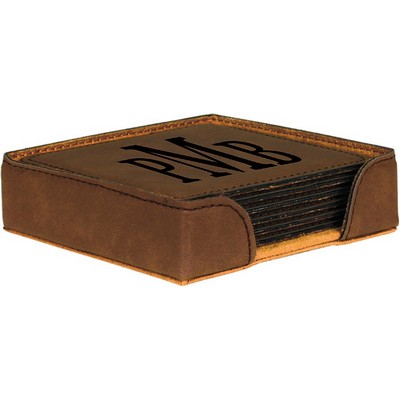 Square Coaster Set with 6 pcs, Dark Brown Faux Leather, Engraved, 4" x 4"