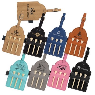 5" x 3 1/4" Black/Gold Leatherette Golf Bag Tag with 3 Wooden Tees