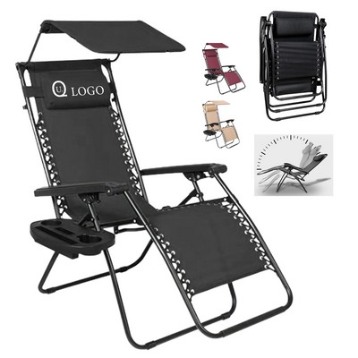 Folding Beach Lounge Chair W/ Canopy And Cup Holder