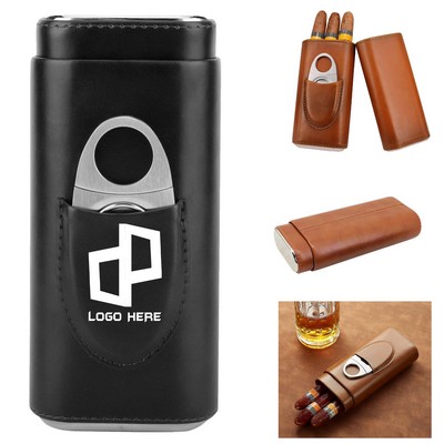 Brown Leather Cigar Case Humidor W/ Cutter