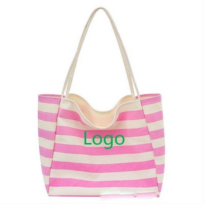 Striped Single-Shoulder Canvas Tote Bag