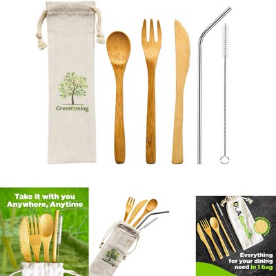 Bamboo Utensils Set with Stylish Knit Pouch - Eco Friendly