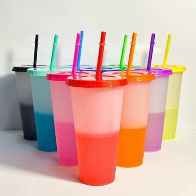 Summer Hot Selling 24oz PP Plastic Color Changing Cup Set with Straws