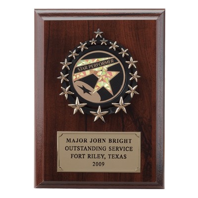 Walnut Plaque w/Gold Plate & Wreath of Stars Takes Insert (5"x 7")
