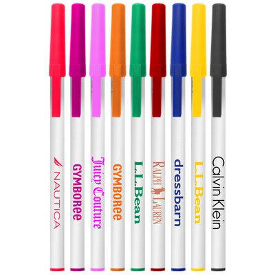 Union Printed - White Stick Pens with Colored Caps - Blue Ink