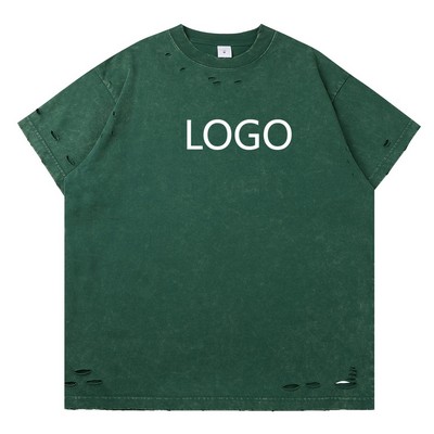300G cut European size washed and distressed heavy cotton T-shirt