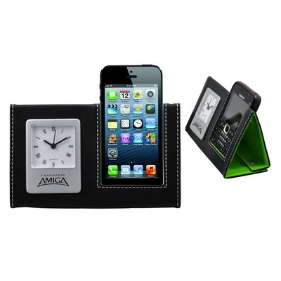 Black/Green Leatherette Clock w/Phone Holder