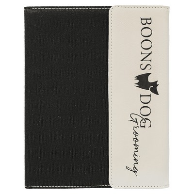 Black Canvas / White Faux Leather Small Portfolio with Notepad, 7" x 9"
