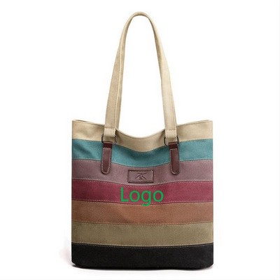 Contrast Patchwork Canvas Tote Bag