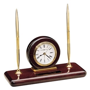 Rosewood Finish Clock Desk Set w/ 2 Brass Pens