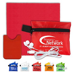 "Saratoga" Mobile Tech Earbud Kit w/Microfiber Cleaning Cloth & Cell Phone Wallet in Zipper Pouch