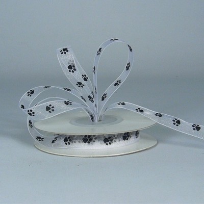 Thin White Sheer Ribbon w/Black Paw Print