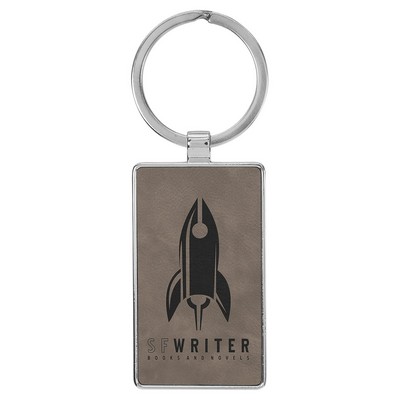 2 3/4" x 1 1/4" Leatherette/Metal Gray Rectangle Keychain