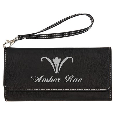 7 1/2" x 4" Black/Silver Leatherette Wallet with Strap