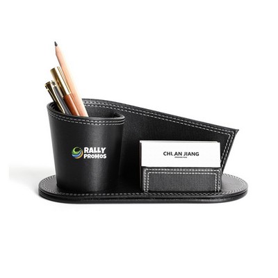 Leather Pen Holder With Business Card Storage Stand